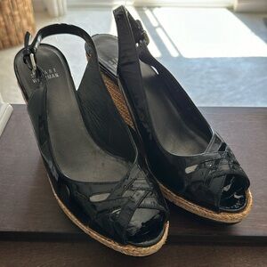 Stuart Weitzman Black Pleather Peeptoe Wedge